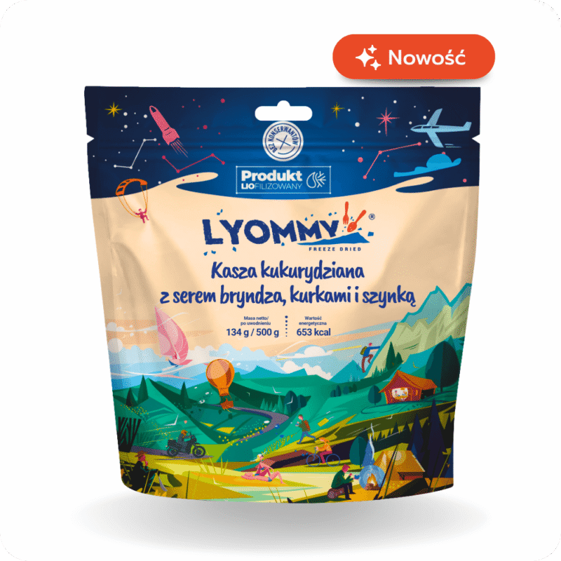 Kasza kukurydziana z serem bryndza, kurkami i szynką